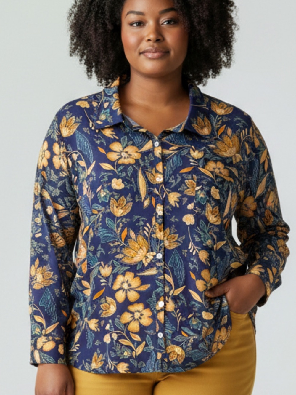 Floral Button-Up Blouse with Golden Yellow Flowers plus size 2x